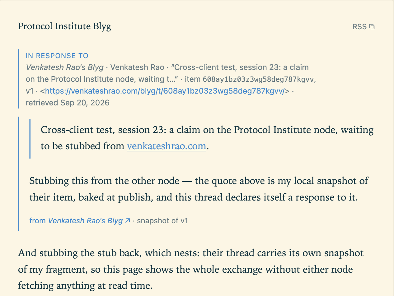 A thread on the Protocol Institute blyg. A citation block headed "In response to" names Venkatesh Rao's Blyg, the item id, version 1, its full URL and a retrieval date; below it a quoted paragraph from that other blyg, captioned "from Venkatesh Rao's Blyg, snapshot of v1"; below that the author's own paragraph.