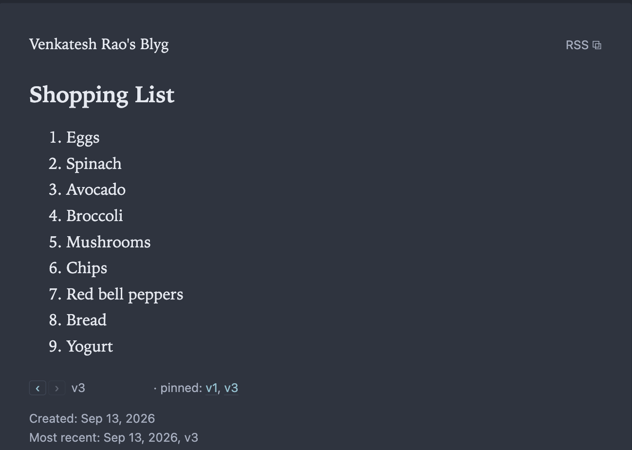 A fragment on Venkatesh Rao's Blyg, in his chosen dark theme: the heading "Shopping List", a nine-item numbered list, and beneath it a version line reading "v3 · pinned: v1, v3" followed by created and most-recent dates.