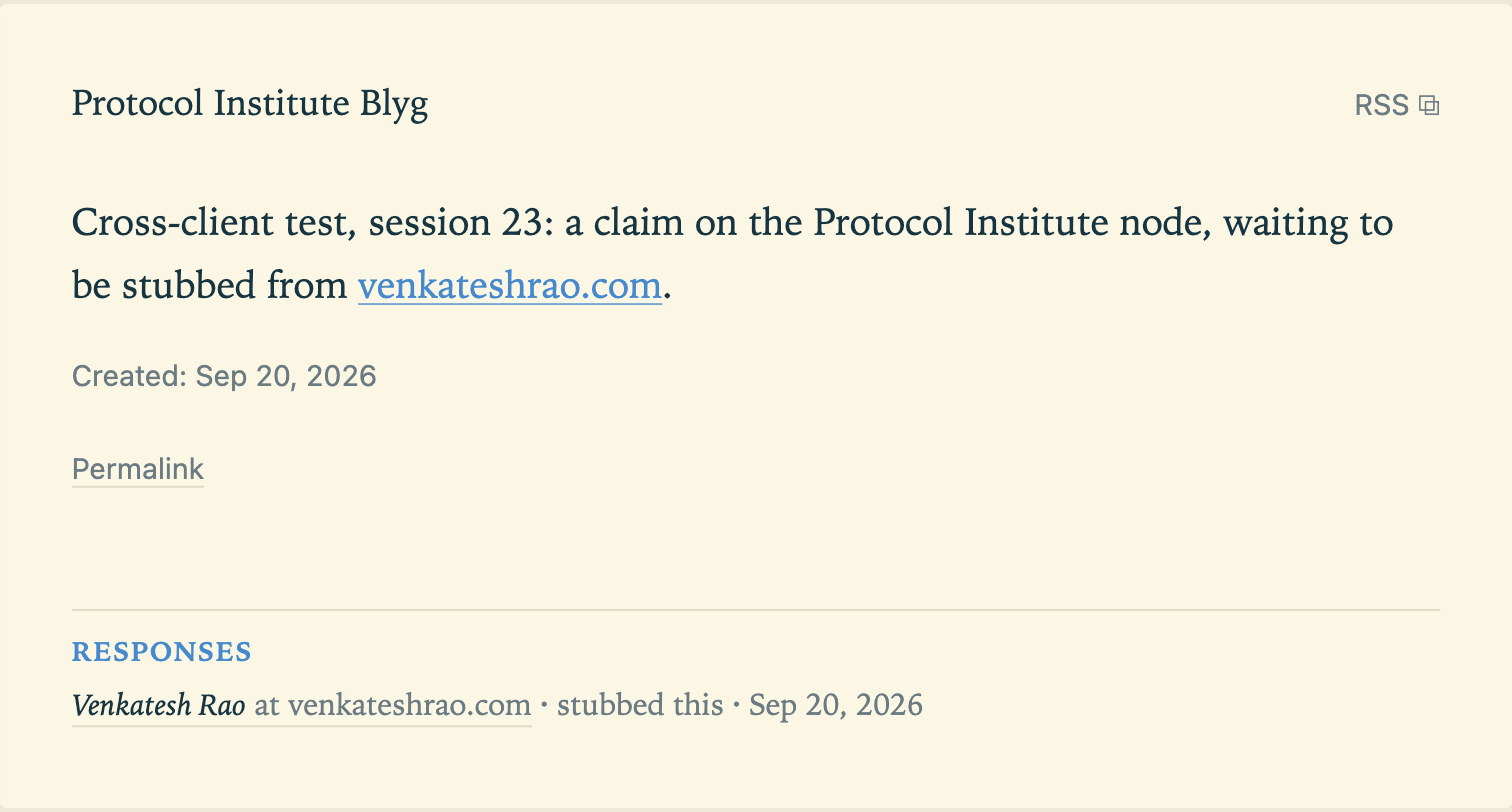 The same fragment's public page, with a section headed "Responses" containing one line: Venkatesh Rao, at venkateshrao.com, stubbed this, Sep 20 2026.