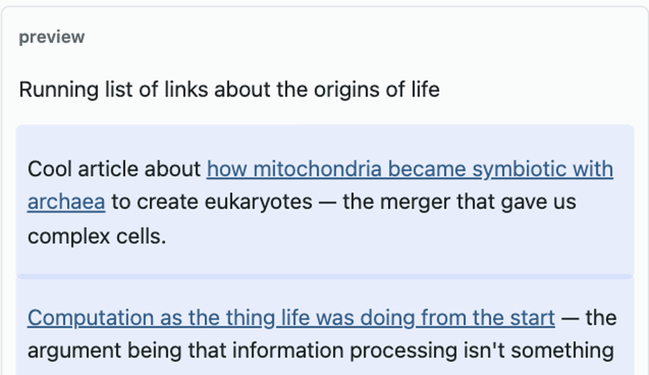 The live preview pane inside the blygger studio, showing the same page as two slides ago — the same heading and the same two paragraphs — except that both paragraphs now sit in tinted blue blocks marking them as generated.