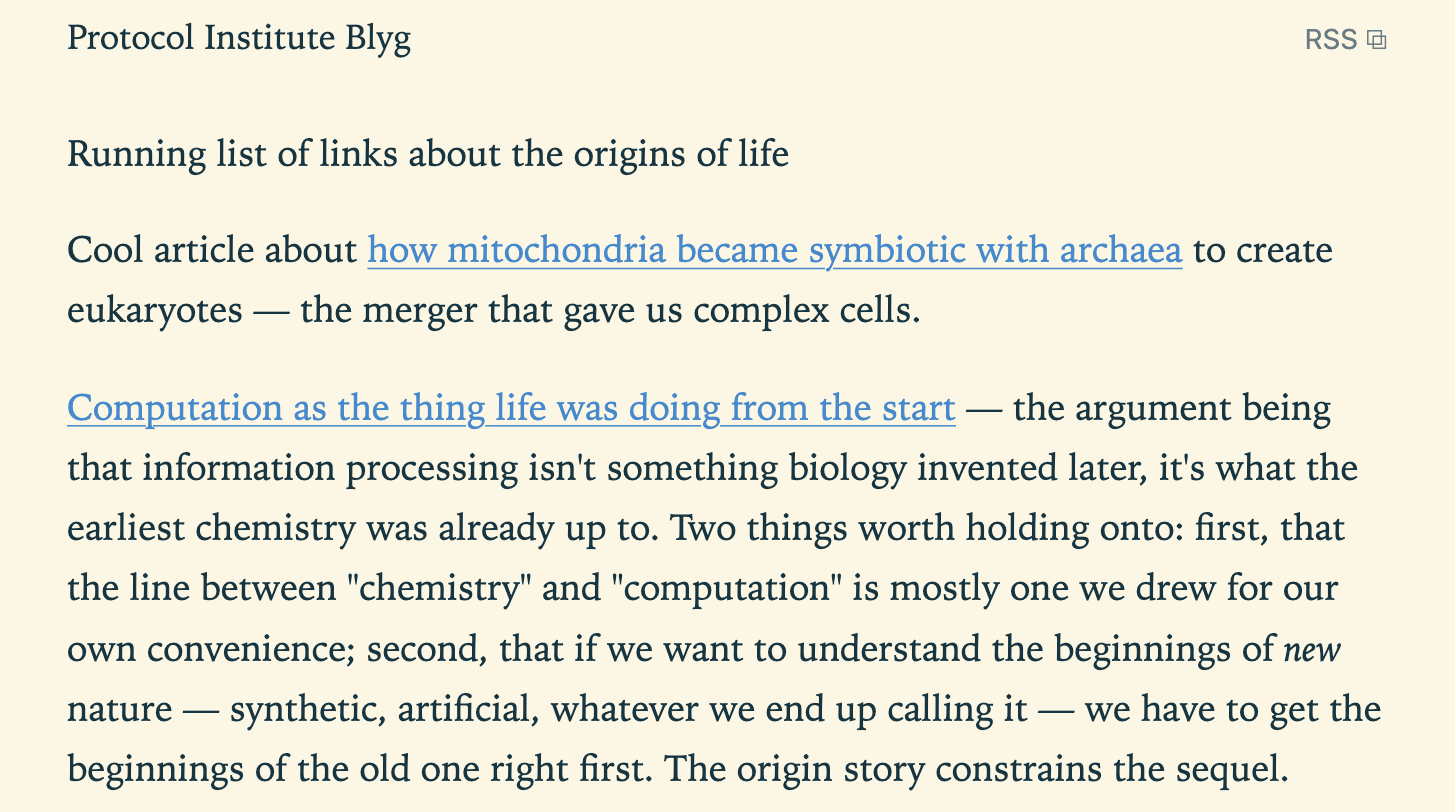 A published thread on the Protocol Institute blyg: a one-line heading, then two paragraphs of prose about the origins of life, with nothing visually distinguishing any of it as generated.